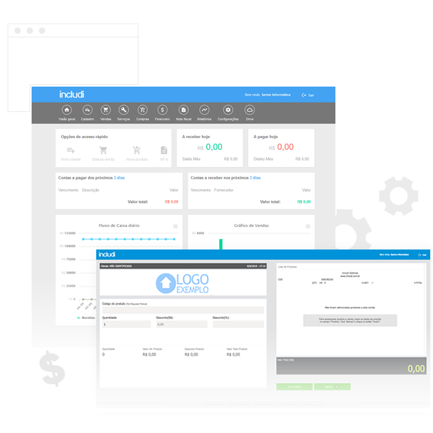 Tela de sistema de gestão empresarial Online, Includi Sistemas